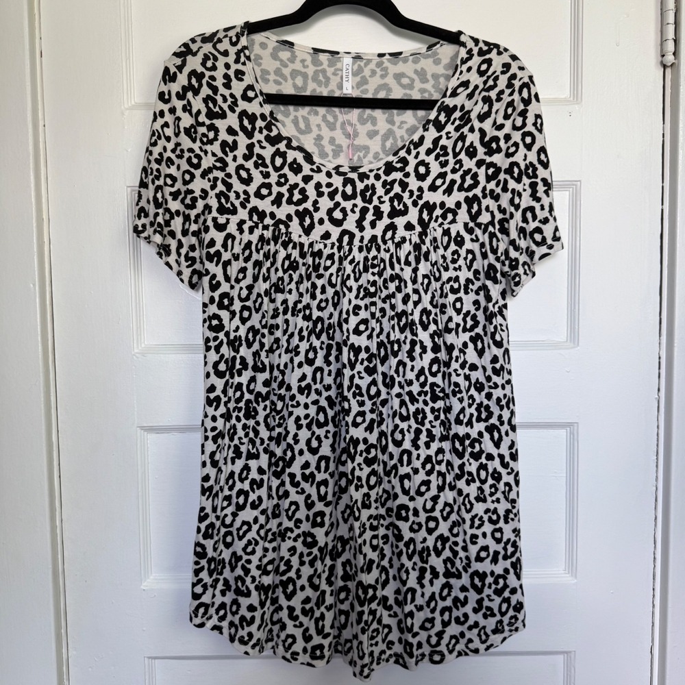 Cathy Womens Leopard Print Babydoll Tunic Top Black White Short Sleeve Large